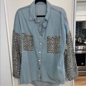 Women's Light Blue Denim Long Sleeve Top with Leopard Print